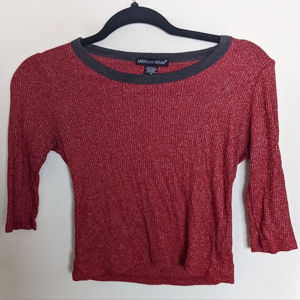 Red Heathered American Dream Knit 3/4 Length Sleeved Cropped Shirt